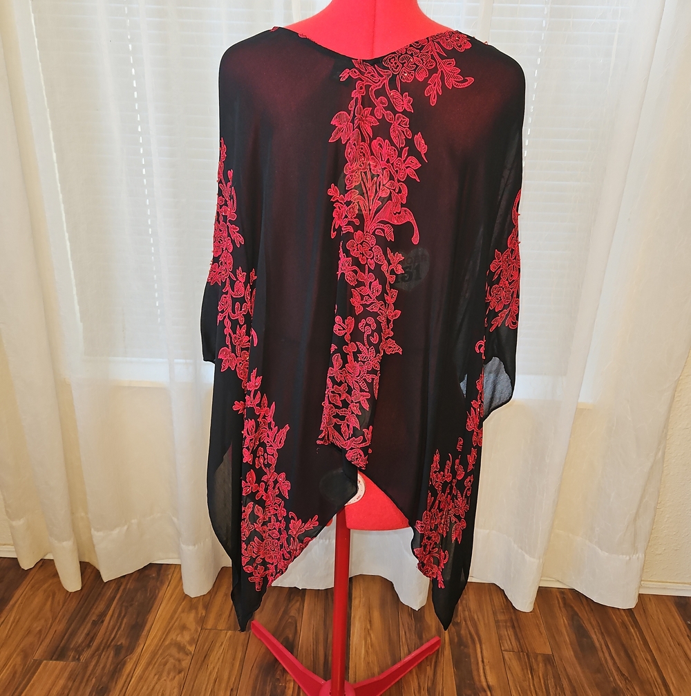 Maggie Barnes Black Sheer Poncho with Red Floral Embroidery - Picture 4 of 7